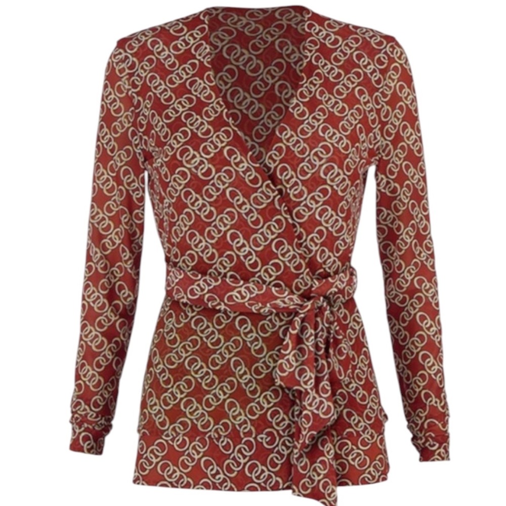 Cabi Women's M scarf Print Long Sleeve ringleader Wrap Top Orange‎ chain office